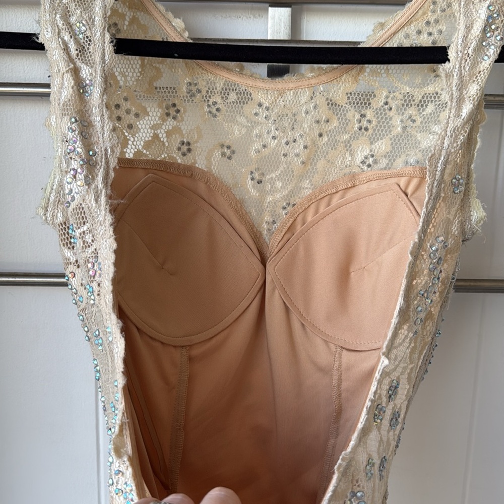 Jovani Nude Embellished Silver Lace Short Mini Cocktail Prom Dress 4 - Picture 7 of 8